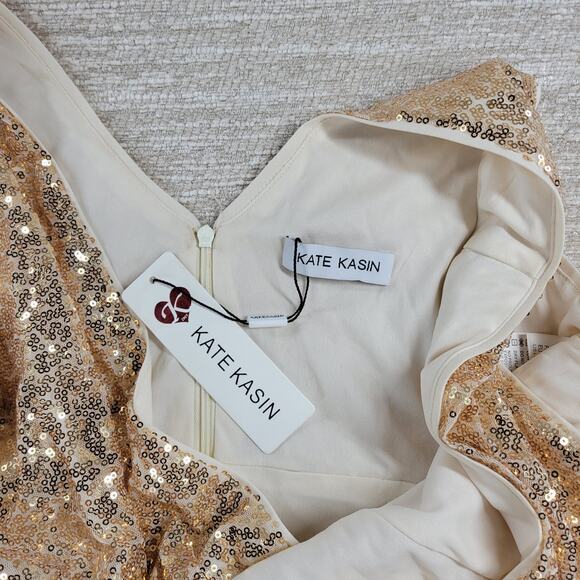 Kate Kasin Evening Gown Womens 8 Gold Sequined V-Neck Formal Prom Bridesmaid New - Picture 2 of 16